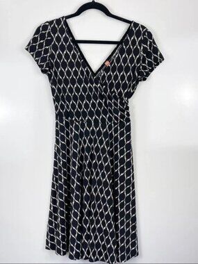 Gilli Black Geometric Print Short Sleeve Faux Wrap Dress Office Work Wear